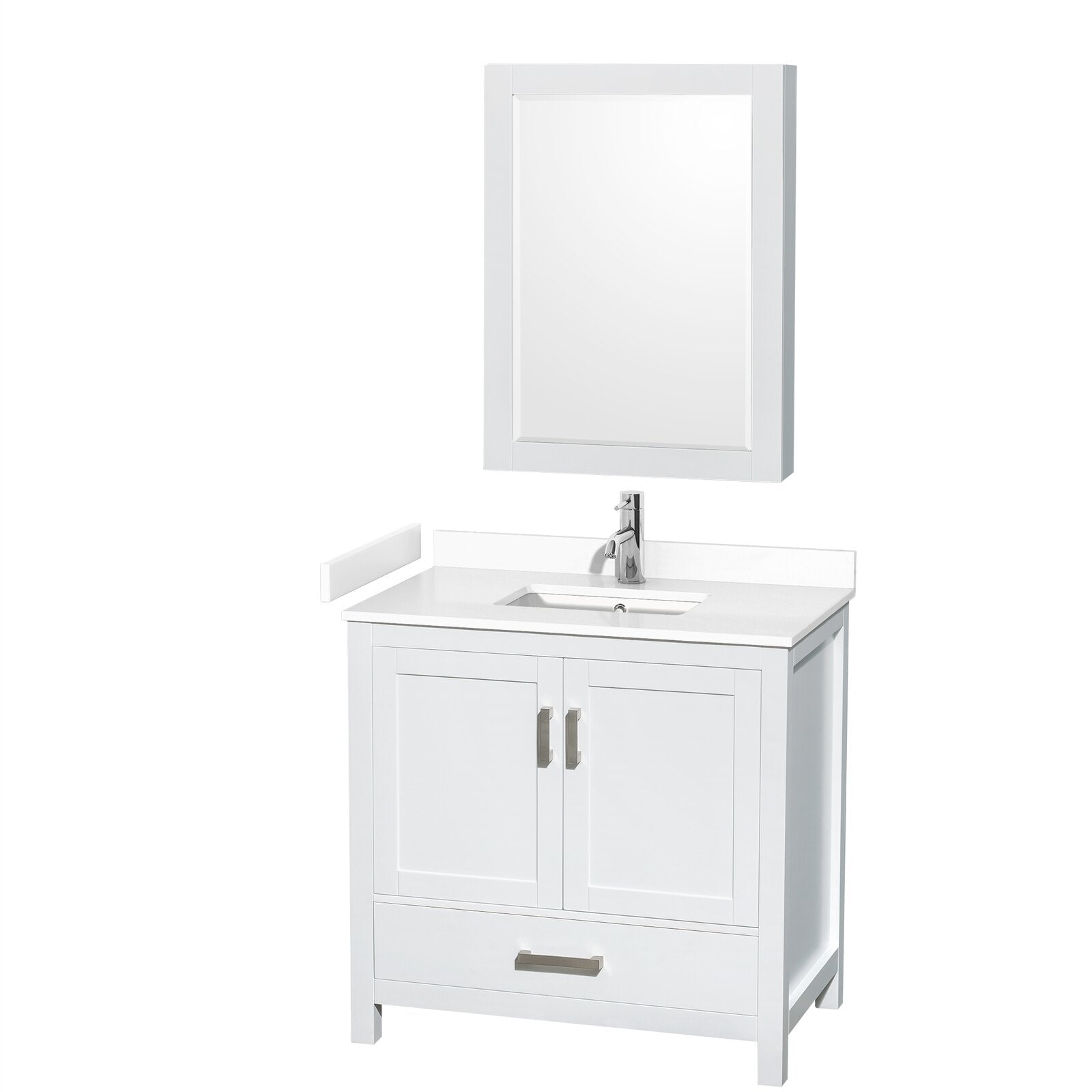36-inch modern solid-wood bathroom vanity with stone countertop, integrated rectangular undermount sink, chrome single-handle faucet, shaker-style double doors, lower storage drawer and matching framed mirror.