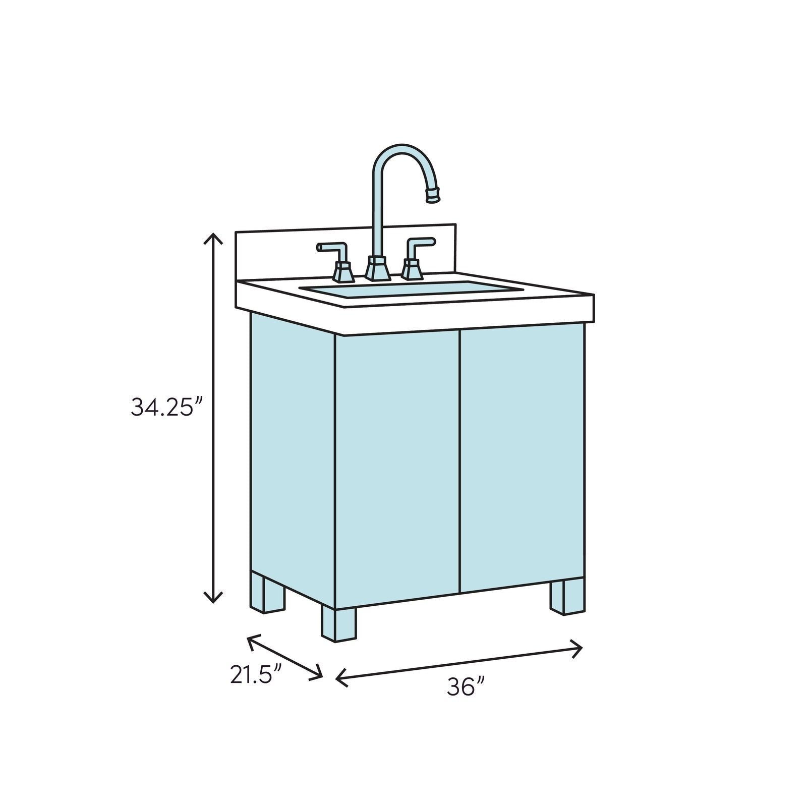 Diagram of a 36 in. freestanding modern bathroom vanity with a stone countertop and ceramic single sink, solid wood two-door cabinet on legs, center faucet and labeled dimensions: 36 in. wide, 21.5 in. deep, 34.25 in. high.