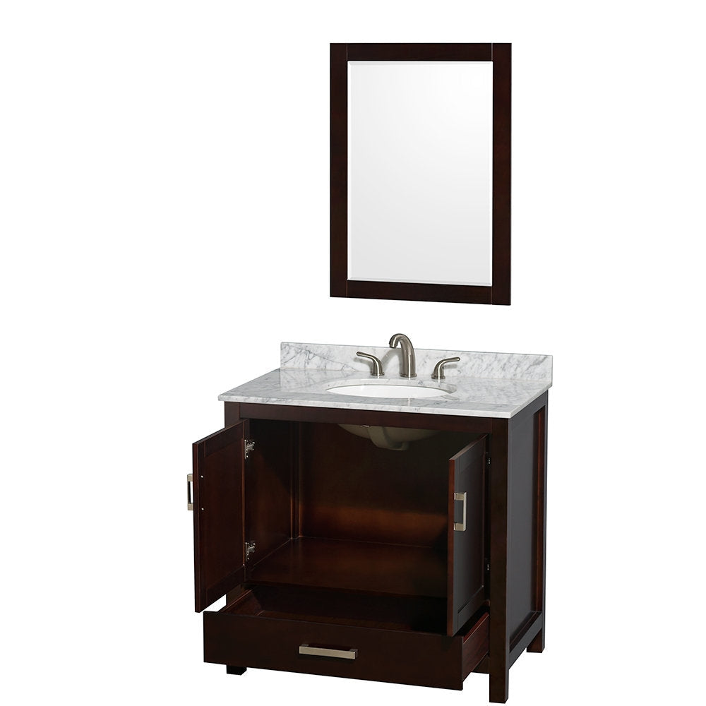 Modern solid-wood bathroom vanity in a dark finish with a stone marble top, undermount ceramic sink and brushed-nickel faucet; matching framed mirror above, cabinet doors open to reveal storage and lower drawer.