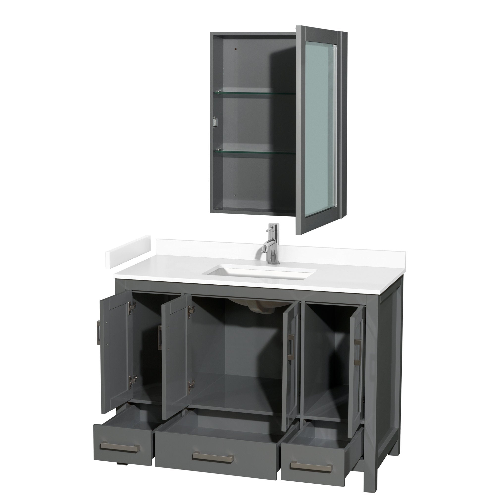 Modern 48-inch gray solid wood bathroom vanity with a white stone countertop and integrated rectangular sink, single-handle chrome faucet, open cabinet doors and drawers showing storage, plus a matching wall cabinet with glass shelves.