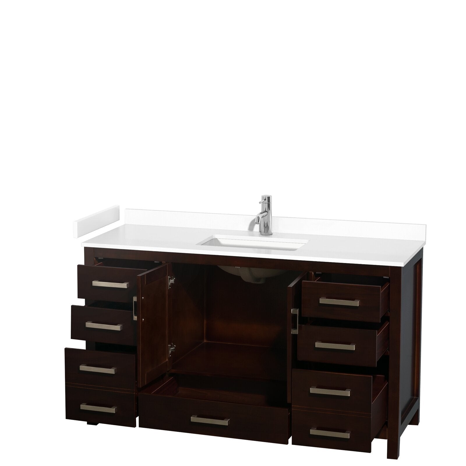 60-inch modern solid wood bathroom vanity with white stone countertop, integrated rectangular single sink and chrome faucet, open center cabinet and multiple dark-wood drawers with metal bar pulls.