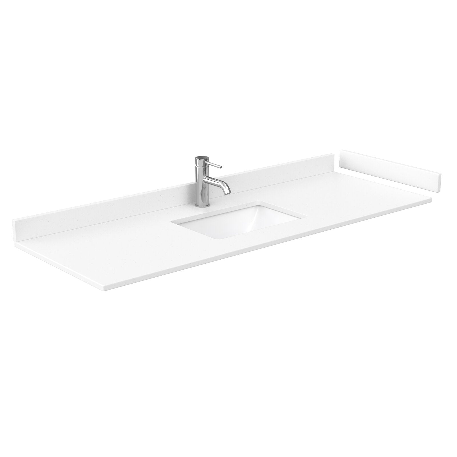 Stone-top bathroom vanity countertop in a stone finish with an integrated rectangular sink, single chrome faucet, low rear backsplash and short right-side splash in a modern minimalist style.