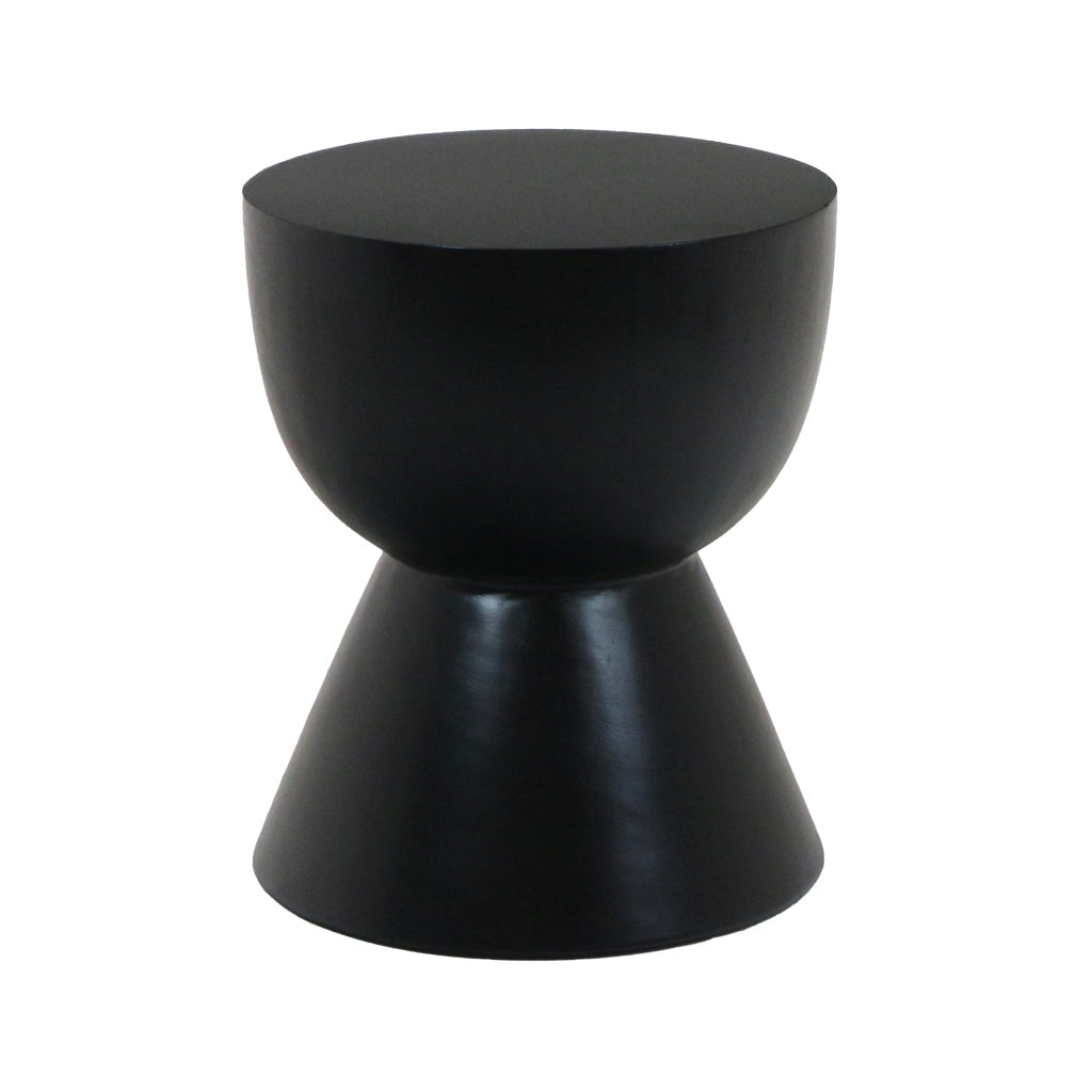 Matte black, hourglass-shaped solid wood side table with a round flat top and smooth finish, modern minimalist design for living rooms.