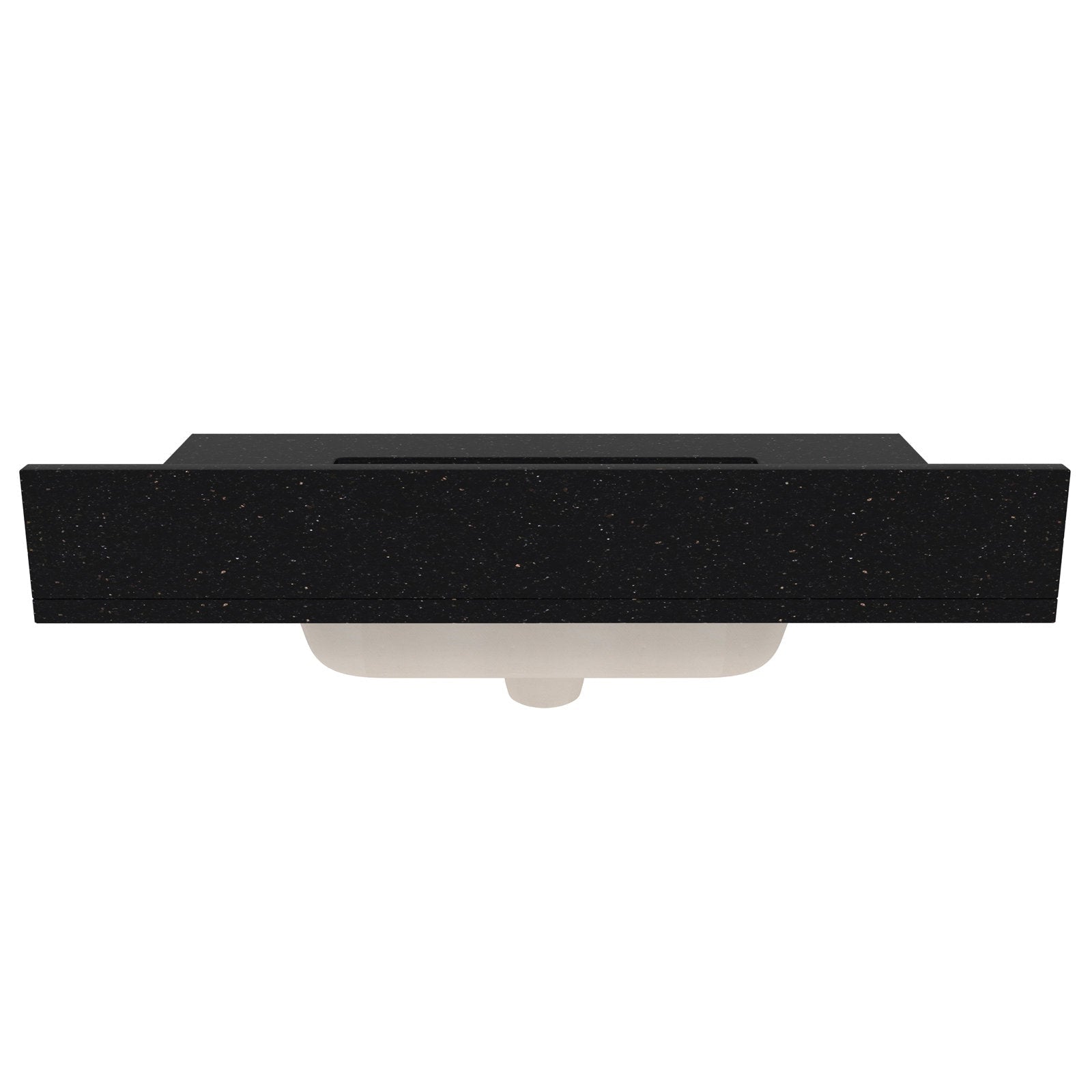 Top-down view of a black speckled quartz vanity top with a rectangular sink opening and a white ceramic undermount basin visible underneath.