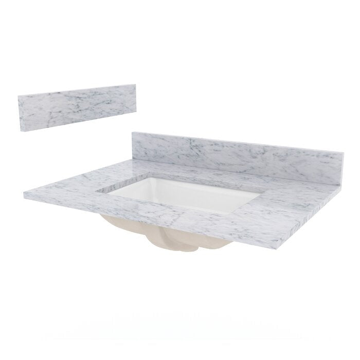 White quartz vanity top with subtle gray veining, rectangular undermount white ceramic sink and matching low backsplash shown floating against a white background.