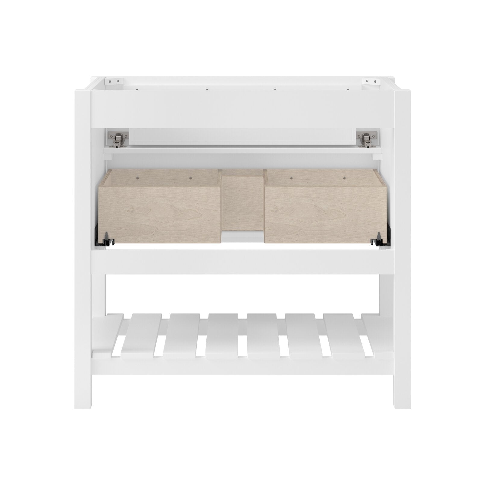 White solid-wood freestanding bathroom vanity base with a slatted lower shelf and two light natural wood drawer boxes on metal soft-close slides, shown without countertop or sink.