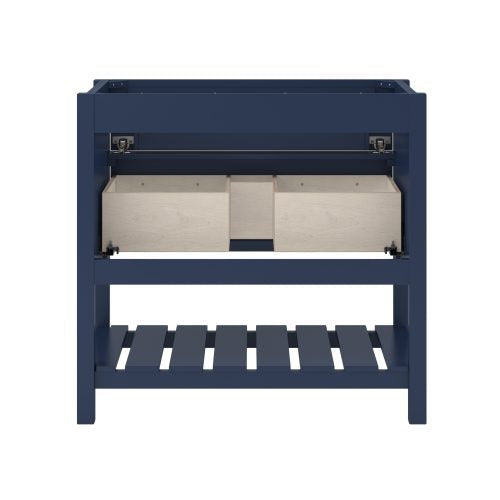 Front view of a navy blue solid wood bathroom vanity frame with two light wood inner drawers extended and a slatted lower shelf, showing an open top prepared for a marble countertop and sink installation.