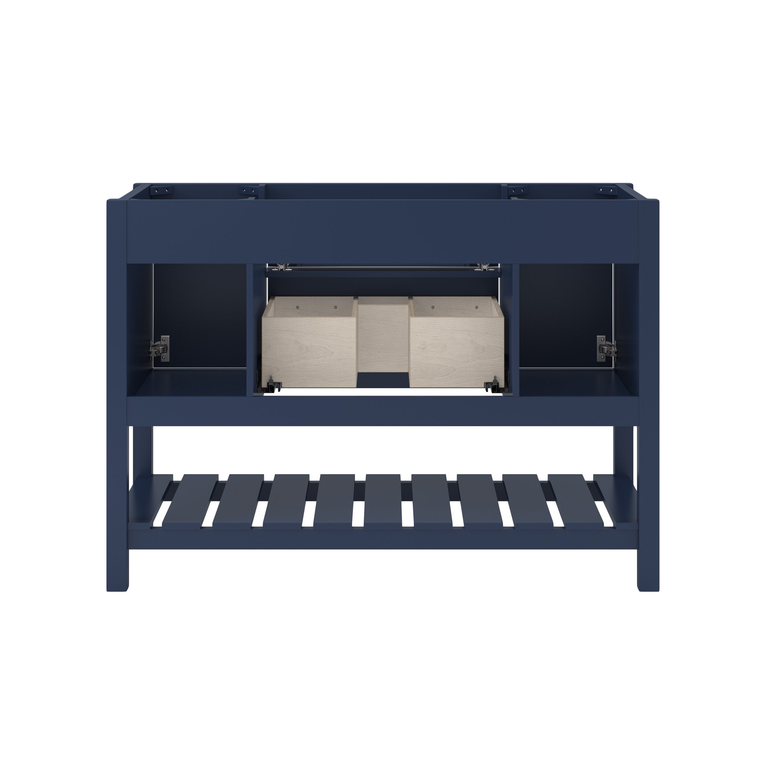 Modern 49-inch solid wood bathroom vanity base in black with an open slatted lower shelf, two side cubbies and a central pull-out drawer assembly, shown without countertop or sink.