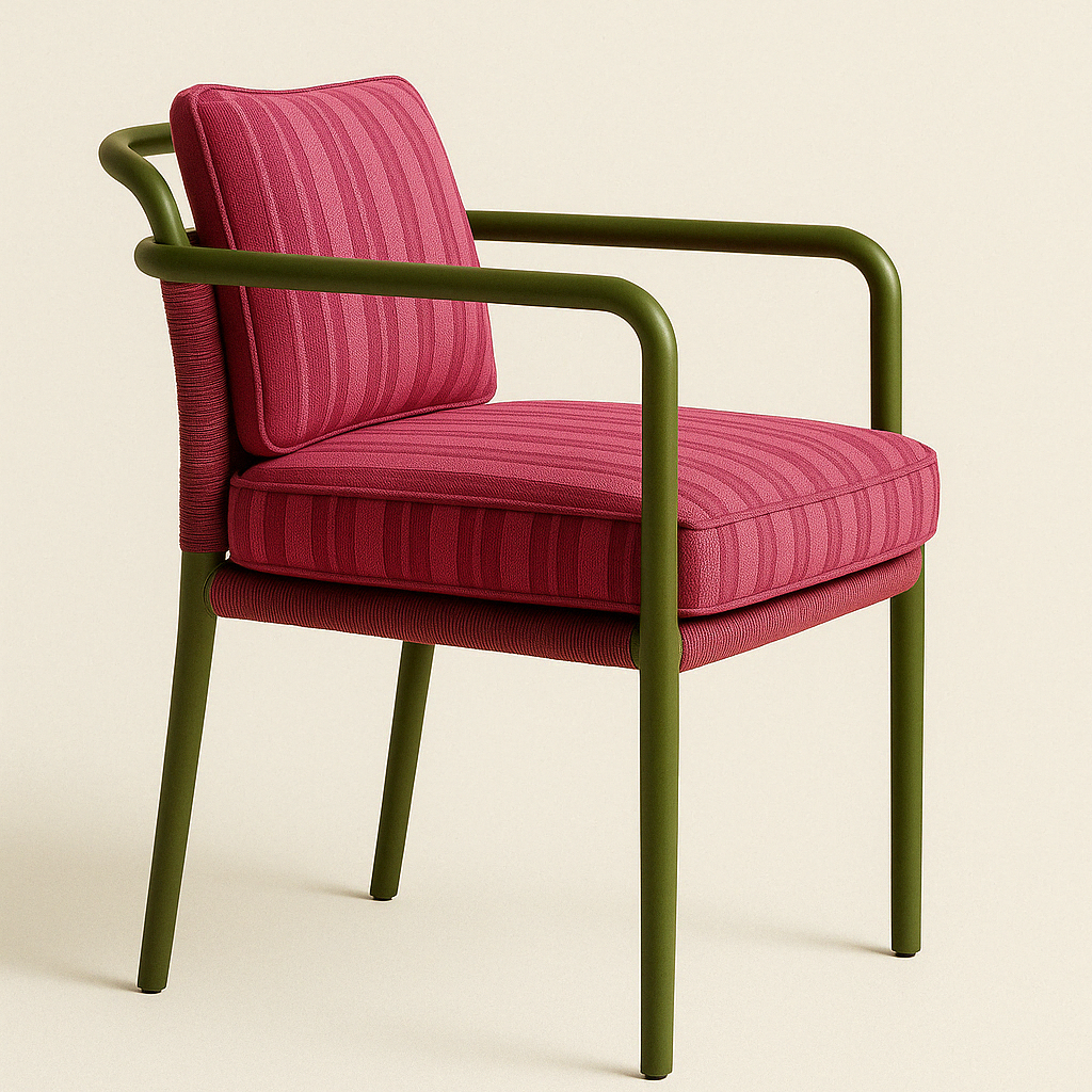 Red striped fabric dining chair with cushioned seat and back on an olive-green tubular metal frame, featuring curved armrests and slim tapered legs.