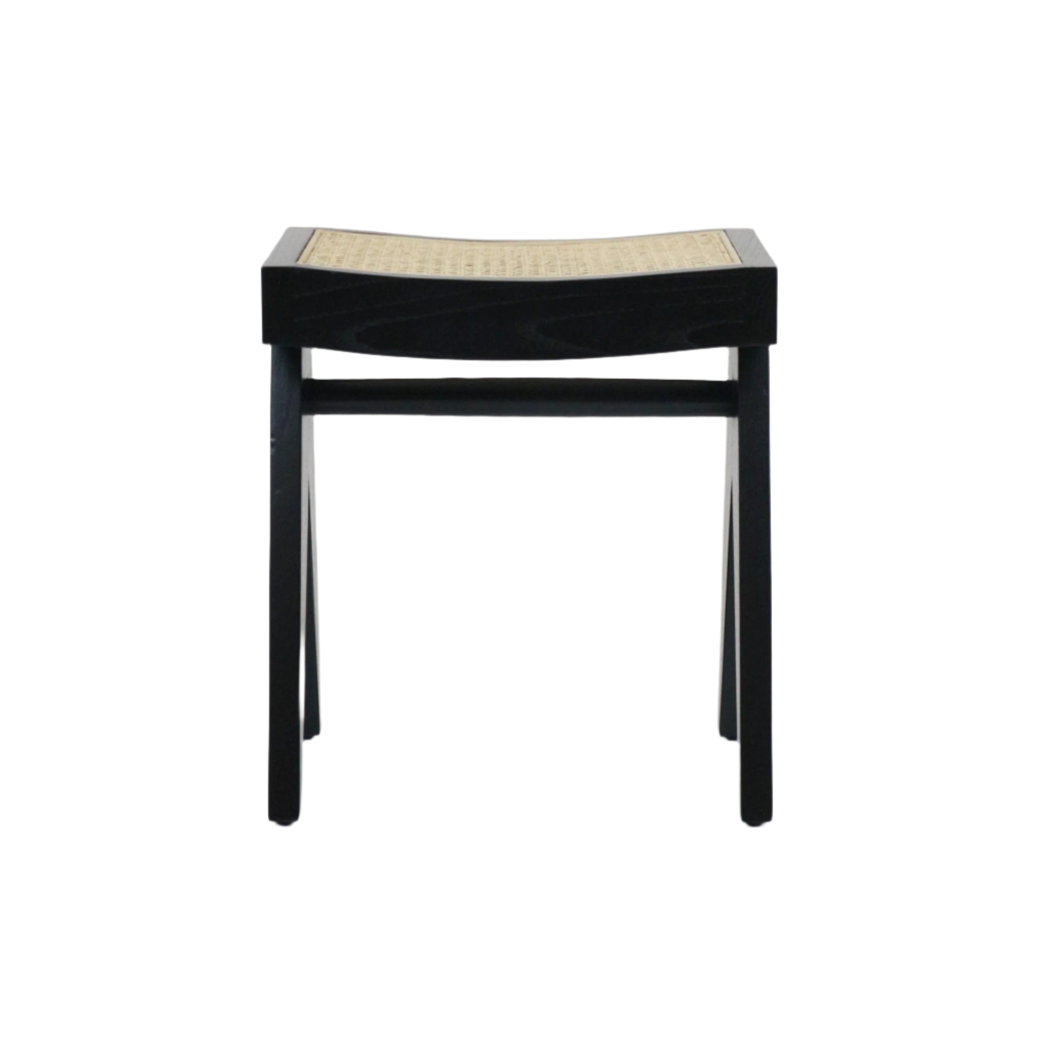 Front view of a mid-century modern black solid wood footstool featuring a gently curved natural woven cane seat and straight legs joined by a horizontal stretcher.