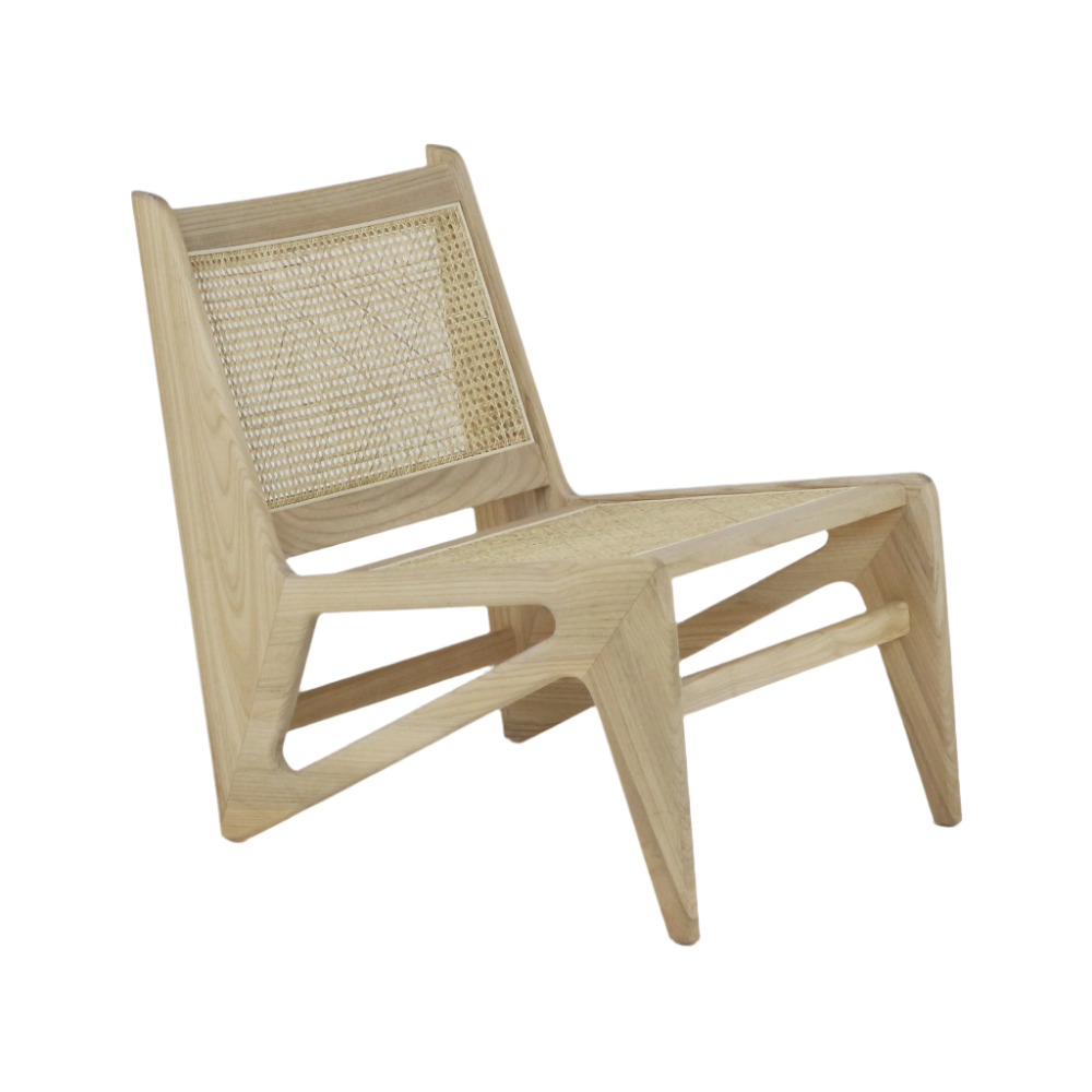 Armless low-profile lounge chair in natural teak with a woven cane seat and backrest, sculpted solid wood frame and angled legs in a mid-century modern silhouette.