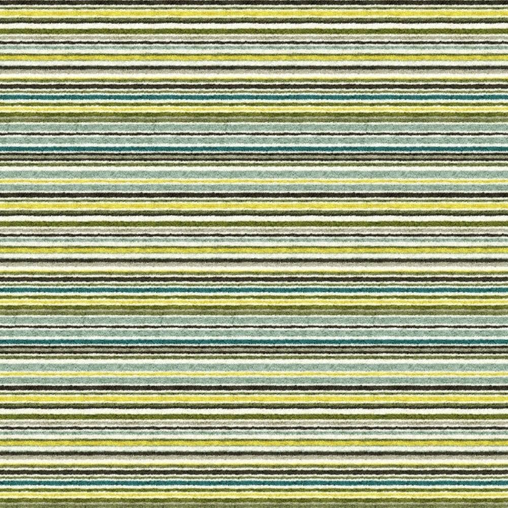 Close-up of contemporary striped upholstery fabric with narrow horizontal stripes in green, yellow, teal, gray and white on a 90% viscose blend, showing a textured, durable weave suited for sofas and heavy-duty indoor use.