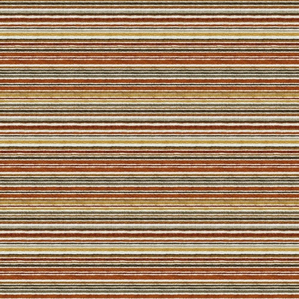 Close-up of striped upholstery fabric in rust, brown, beige and mustard yellow showing fine horizontal stripes and a soft 90% viscose-blend texture, ideal for contemporary sofa upholstery.