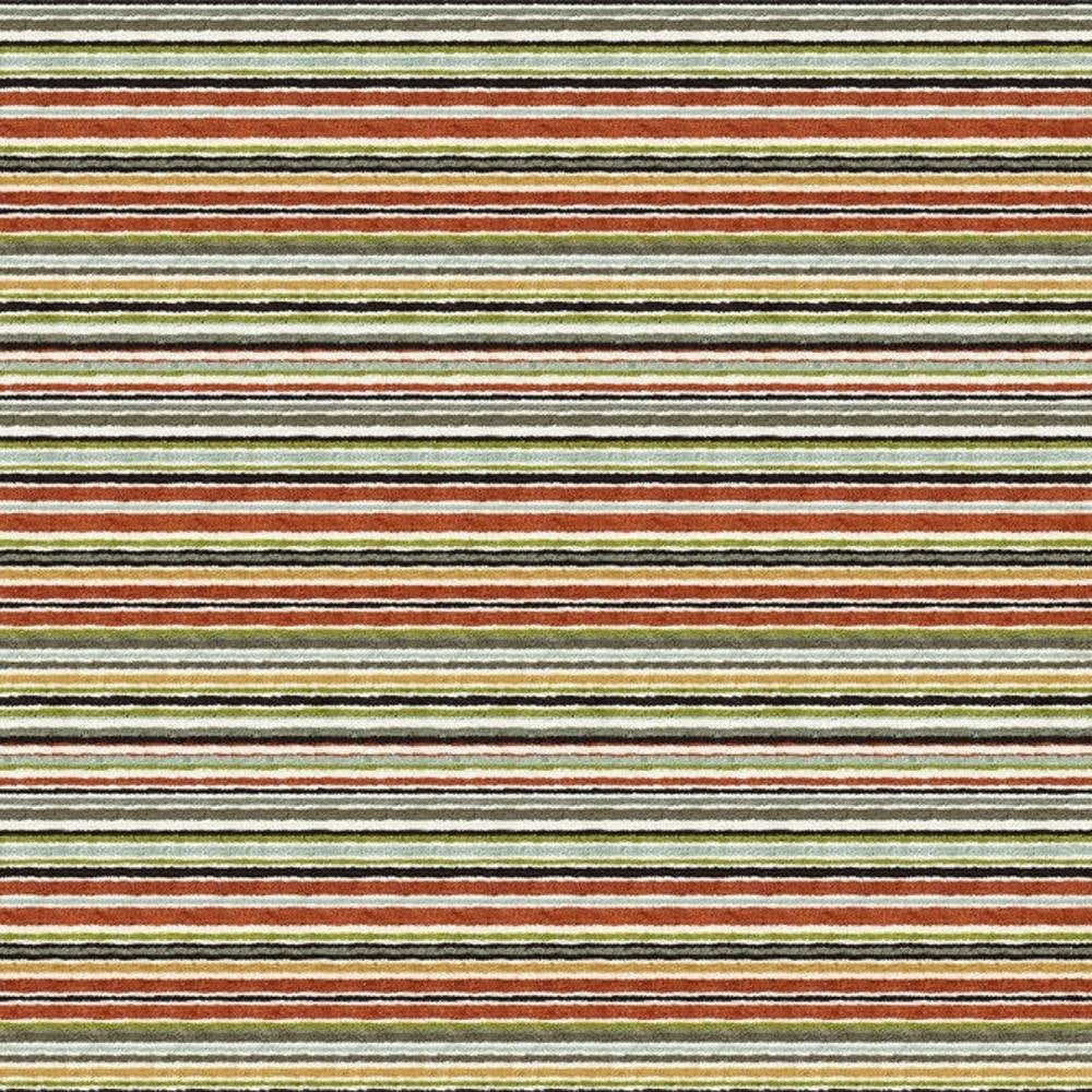 Horizontal narrow-striped upholstery fabric (90% viscose, 1.5% acrylic, 8.5% polyester) in rust, olive green, yellow, cream, pale blue and charcoal, shown as a repeated contemporary pattern for sofas and indoor use.