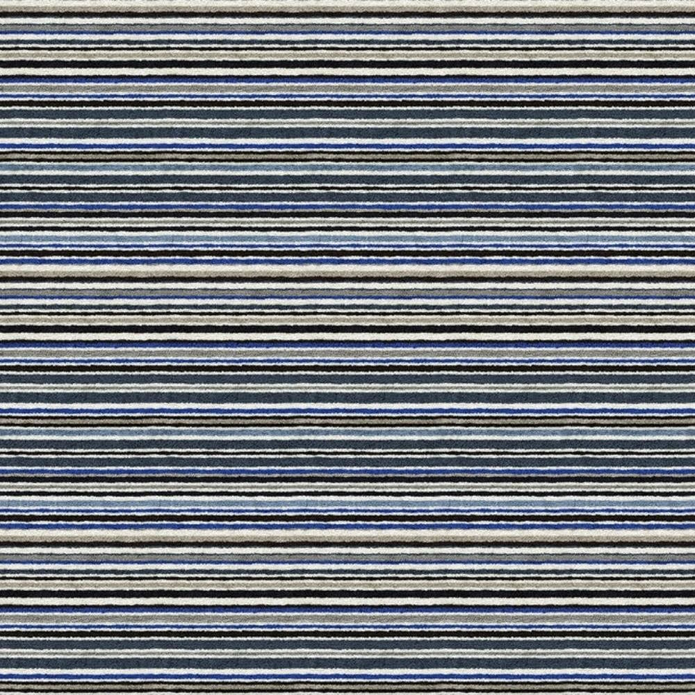 Close-up of a 90% viscose-blend upholstery fabric with narrow horizontal stripes in blue, charcoal, gray and white, showing a subtle textured weave ideal for contemporary sofas.