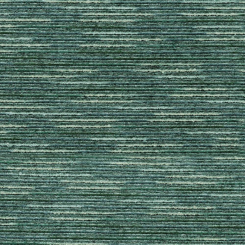 Close-up of a horizontal-striped green viscose-blend upholstery fabric (75% viscose, 1% acrylic, 24% polyester) showing fine tonal stripes and low-profile texture, ideal for contemporary sofa upholstery.