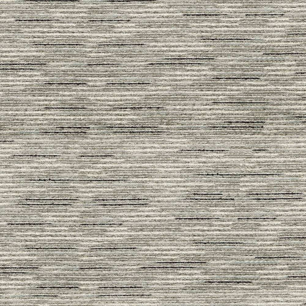 Close-up of neutral gray striated upholstery fabric showing subtle horizontal lines and textured viscose-blend weave, suitable for contemporary sofas (75% viscose, 24% polyester, 1% acrylic).