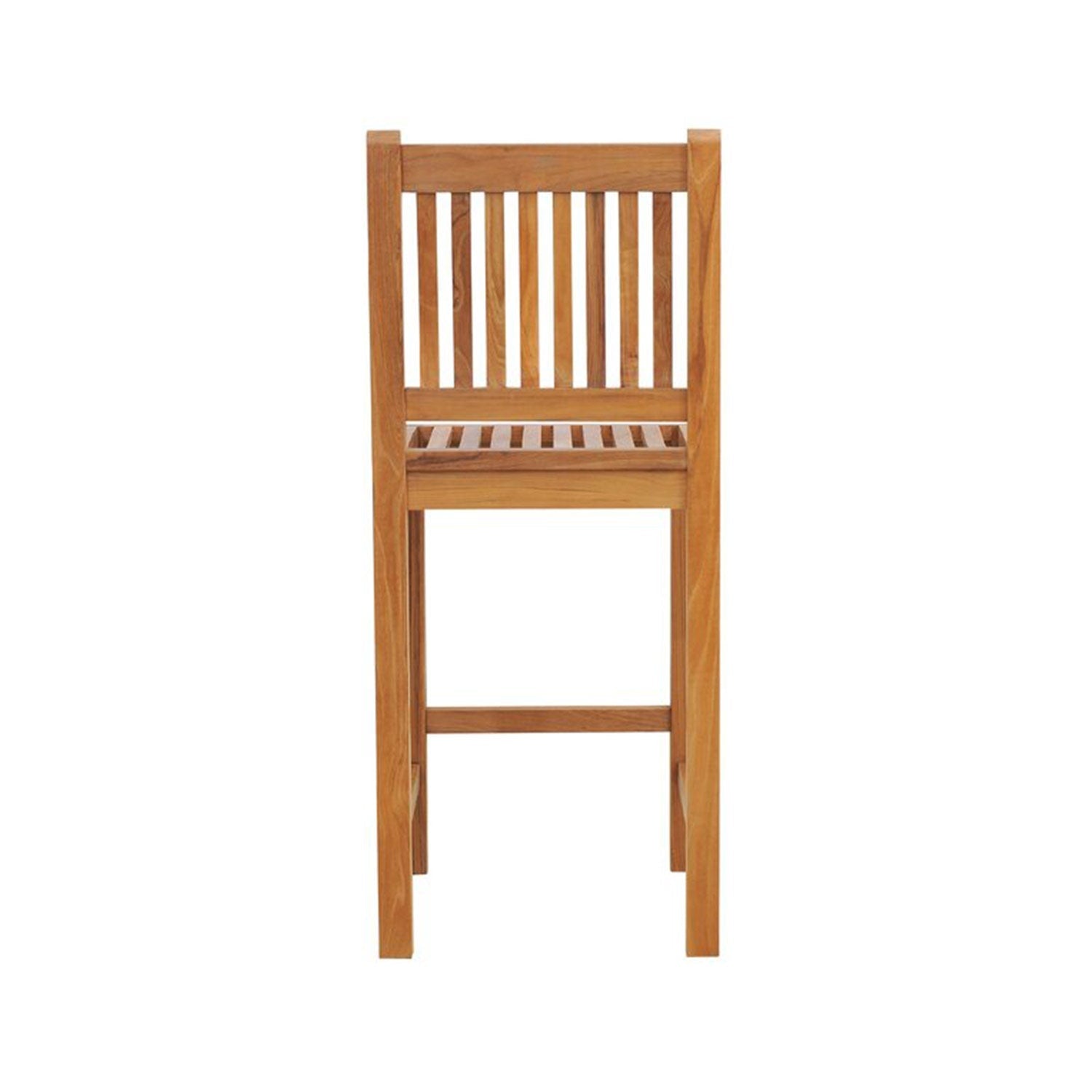 Front view of an armless teak outdoor bar stool with vertical slatted back and slatted seat in a natural teak finish, square legs and a lower footrest for coastal-contemporary patio seating.