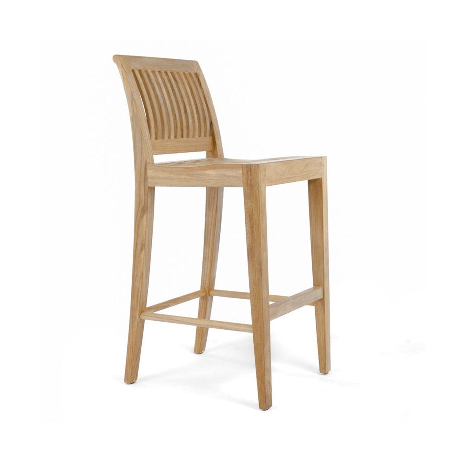 Natural teak armless outdoor bar stool with slatted curved back, square seat and tapered legs joined by a rectangular footrest, light natural finish in a coastal wooden design.