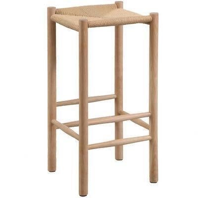 Backless natural wood bar stool with round legs and a woven beige rope seat, minimalist modern silhouette with horizontal crossbar footrests on all sides.