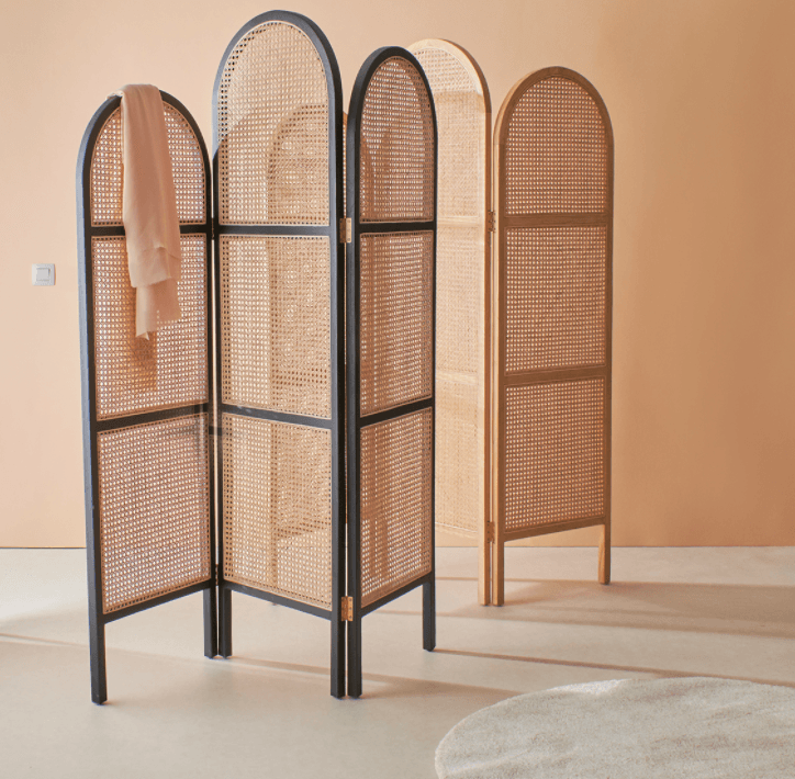 Solid Wood and Rattan Room Divider in Black Gloss - NUEMA