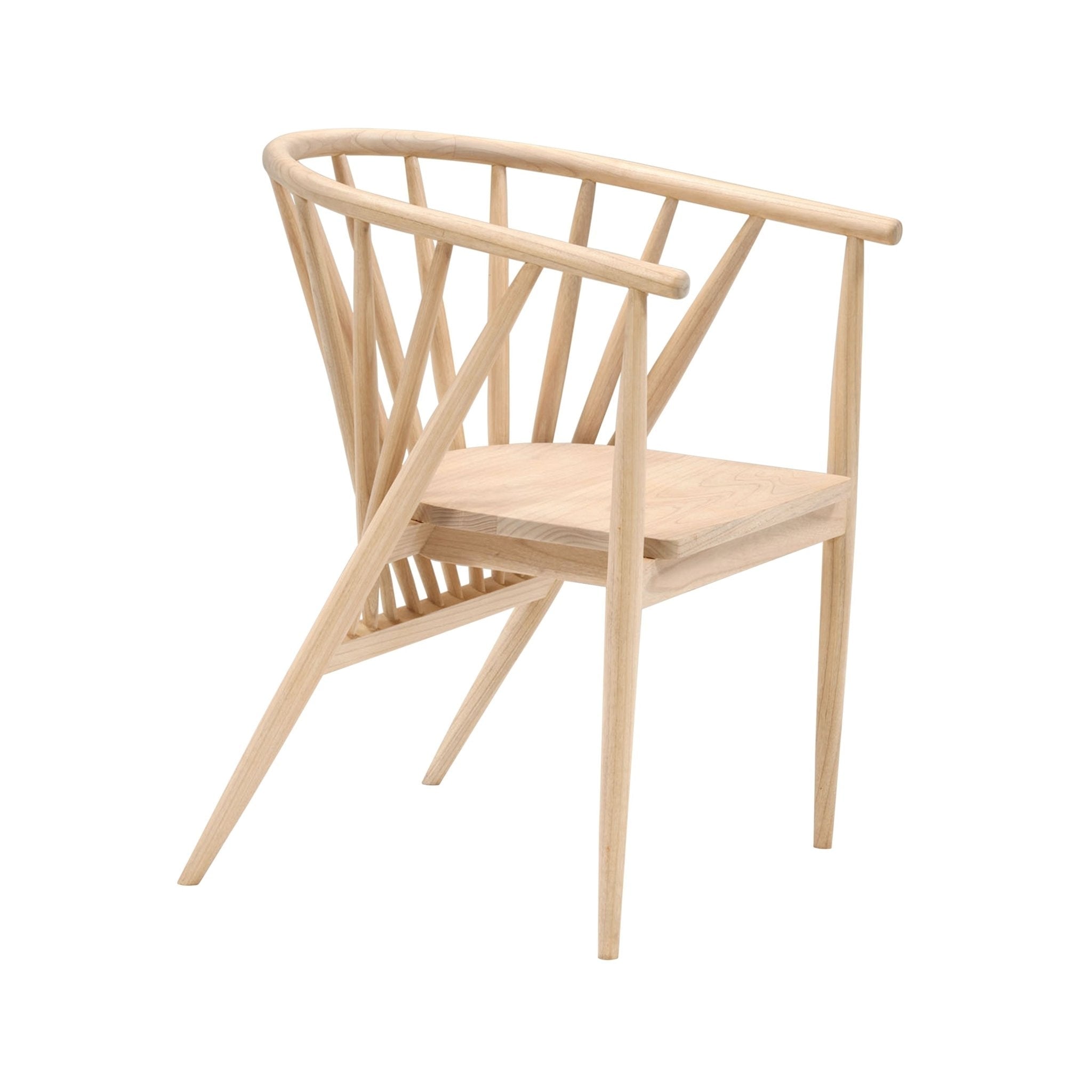Light natural teak dining chair with rounded spindle back and integrated armrests, tapered legs and flat wooden seat, mid-century modern silhouette on a white background.