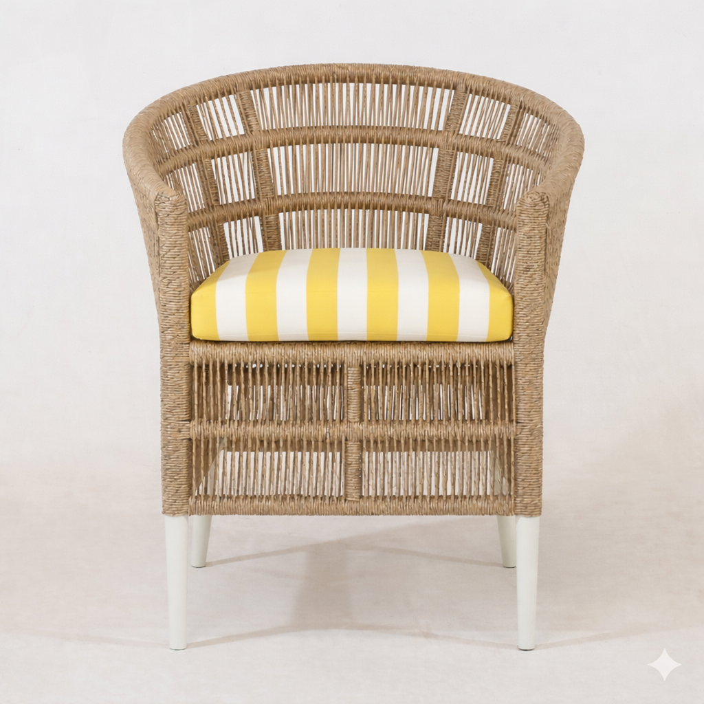 Front view of the Sirena Wicker chair with a yellow and white cushion on a light background by nuema.com