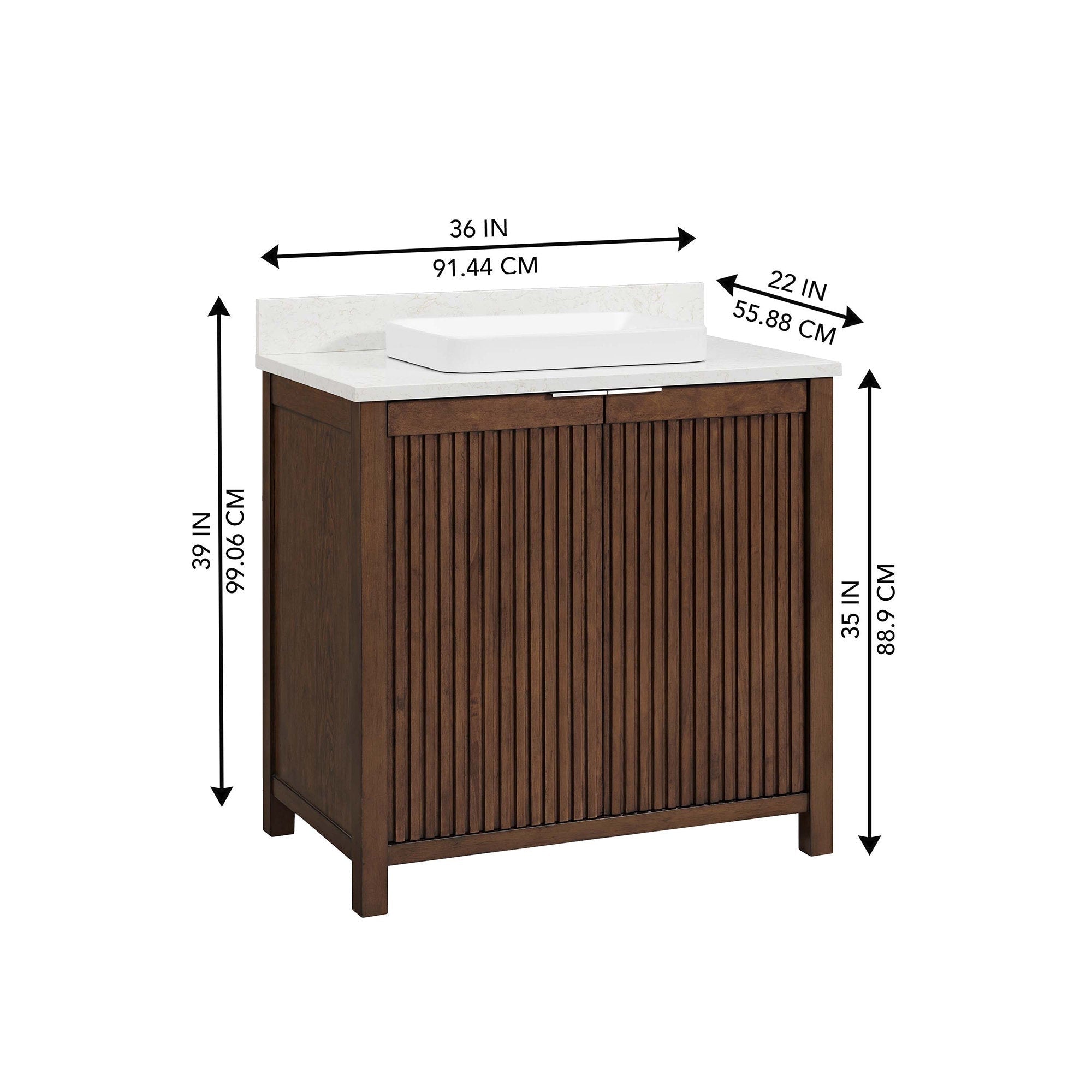36-inch freestanding solid wood bathroom vanity with fluted brown cabinet doors, stone countertop, rectangular white vessel sink, slim horizontal metal handle and visible measurement arrows.
