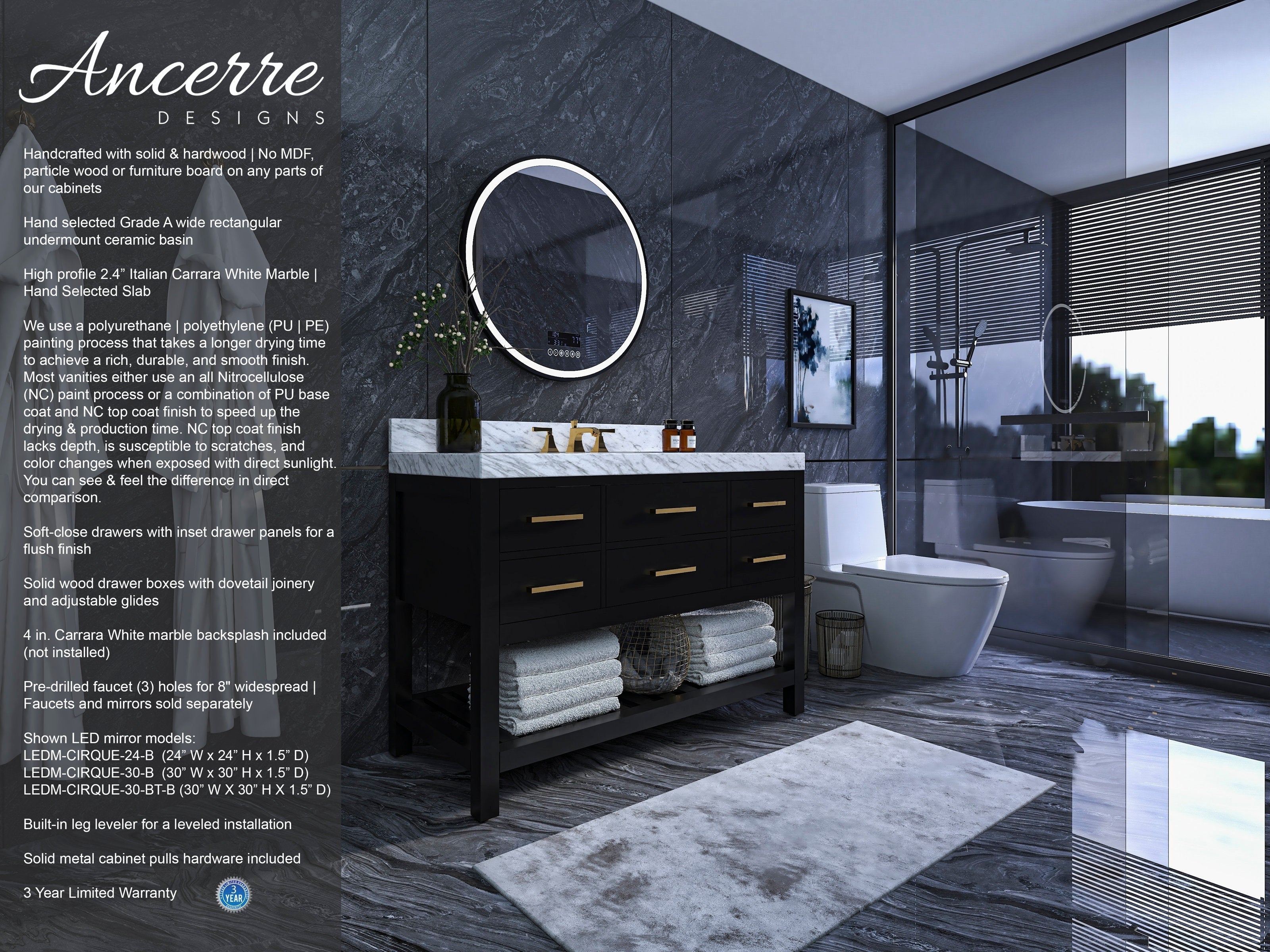 Contemporary 48-inch solid wood single-sink bathroom vanity in stone finish with Carrara white marble countertop, undermount ceramic basin, black cabinet, brass drawer pulls and open lower shelf with folded towels.