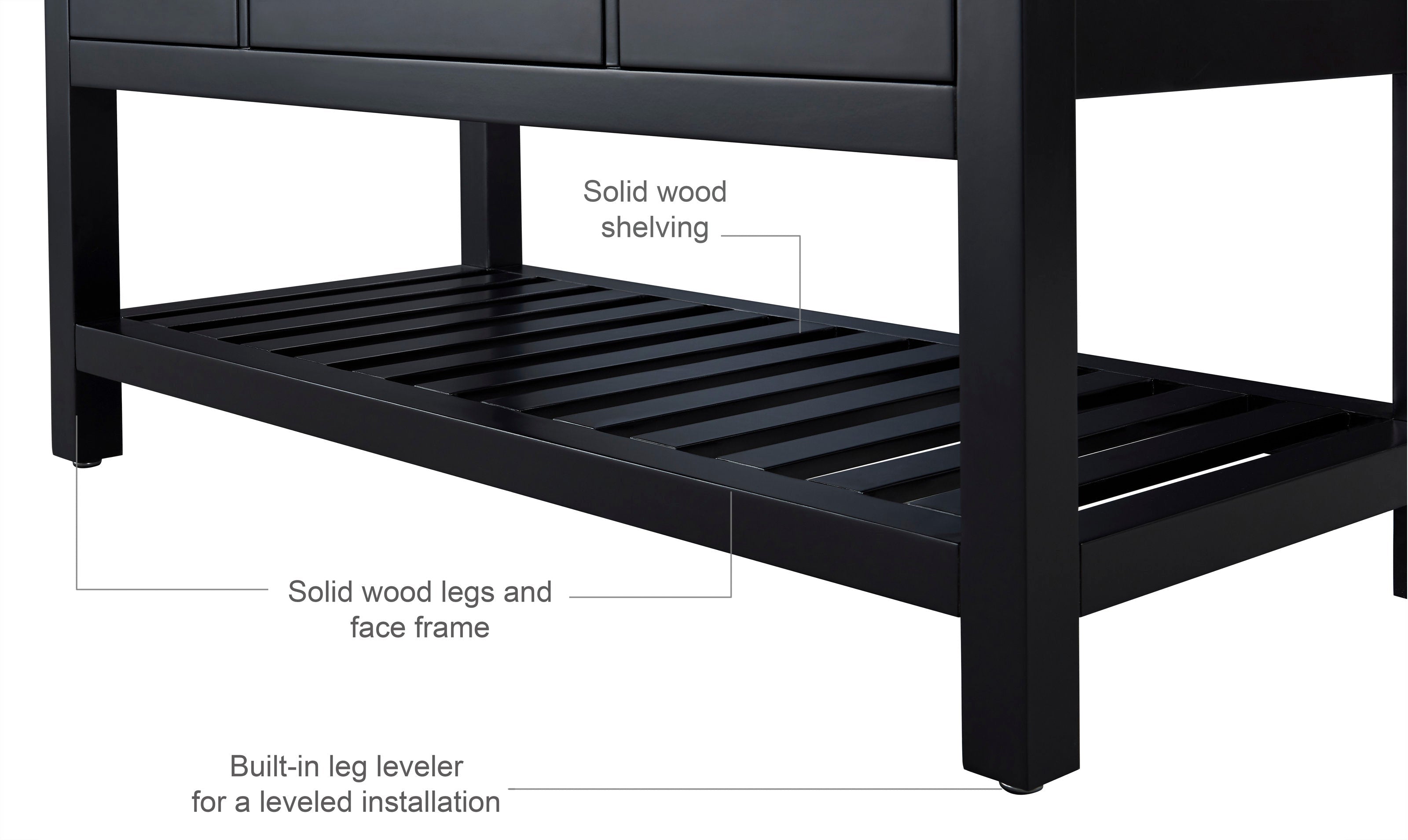 Close-up of the vanity’s lower section showing a solid wood slatted shelf, sturdy square legs and face frame, and built-in adjustable leg levelers in a modern stone finish.