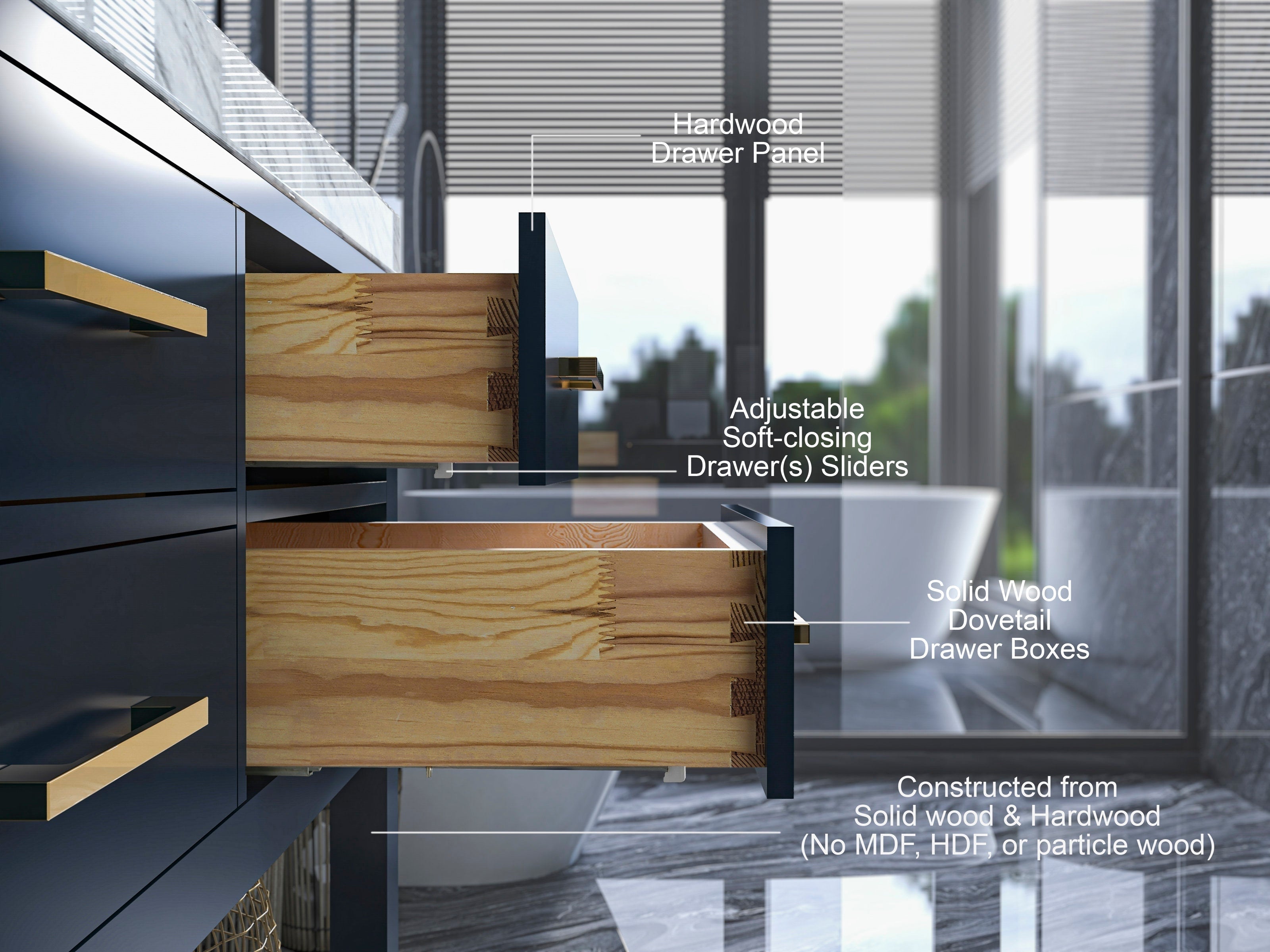 Close-up of a modern 60-inch double-sink bathroom vanity with a stone countertop, dark painted cabinet and brass handles; two solid wood dovetail drawer boxes are pulled out to show construction and soft-closing sliders, with a freestanding tub and w