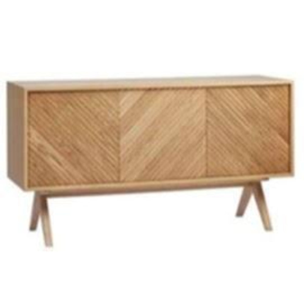 Blonde natural wood Nordic sideboard with three chevron-patterned doors, minimalist rectangular top, and angled mid-century modern legs.