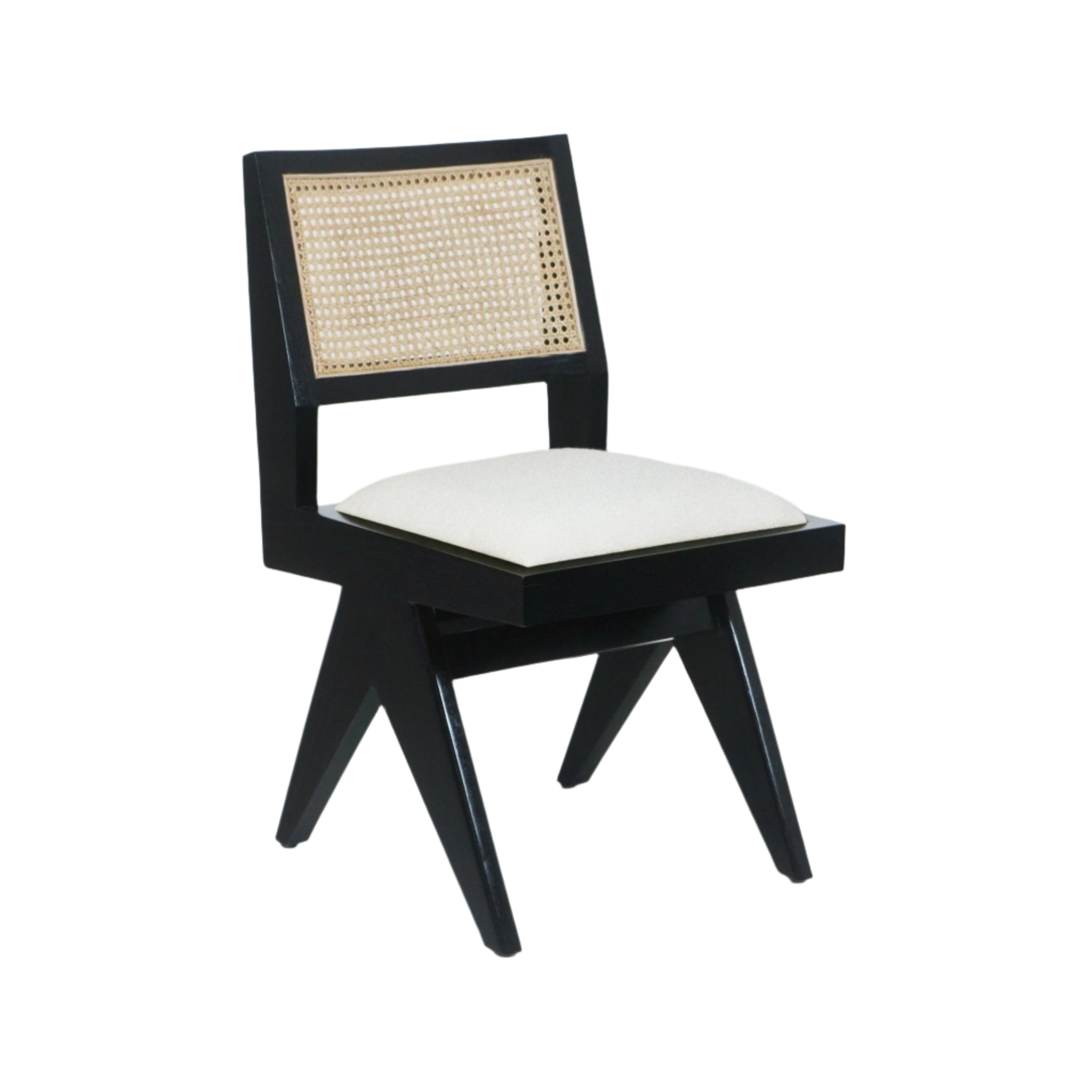 Armless mid-century modern side chair with a black solid wood frame, natural cane backrest, cream upholstered seat cushion and angled splayed legs.