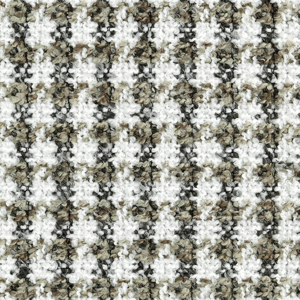Close-up of white, beige and gray boucle upholstery fabric showing a small check grid and looped texture; 70% acrylic, 30% polyester fabric suited for contemporary sofas.
