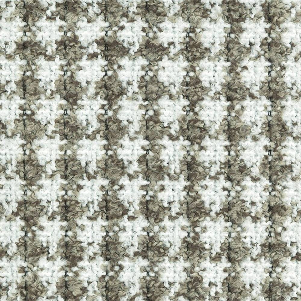 Close-up of beige, gray and white boucle upholstery fabric showing a textured looped weave in a subtle checker pattern, suitable for contemporary sofas; 70% acrylic, 30% polyester.