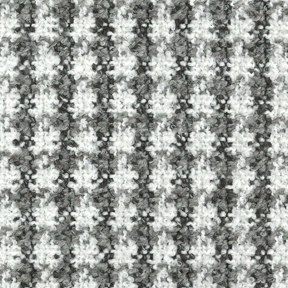 Close-up of gray and white boucle upholstery fabric in a small-scale check pattern, 70% acrylic and 30% polyester, showing textured looped yarn ideal for contemporary sofa upholstery.