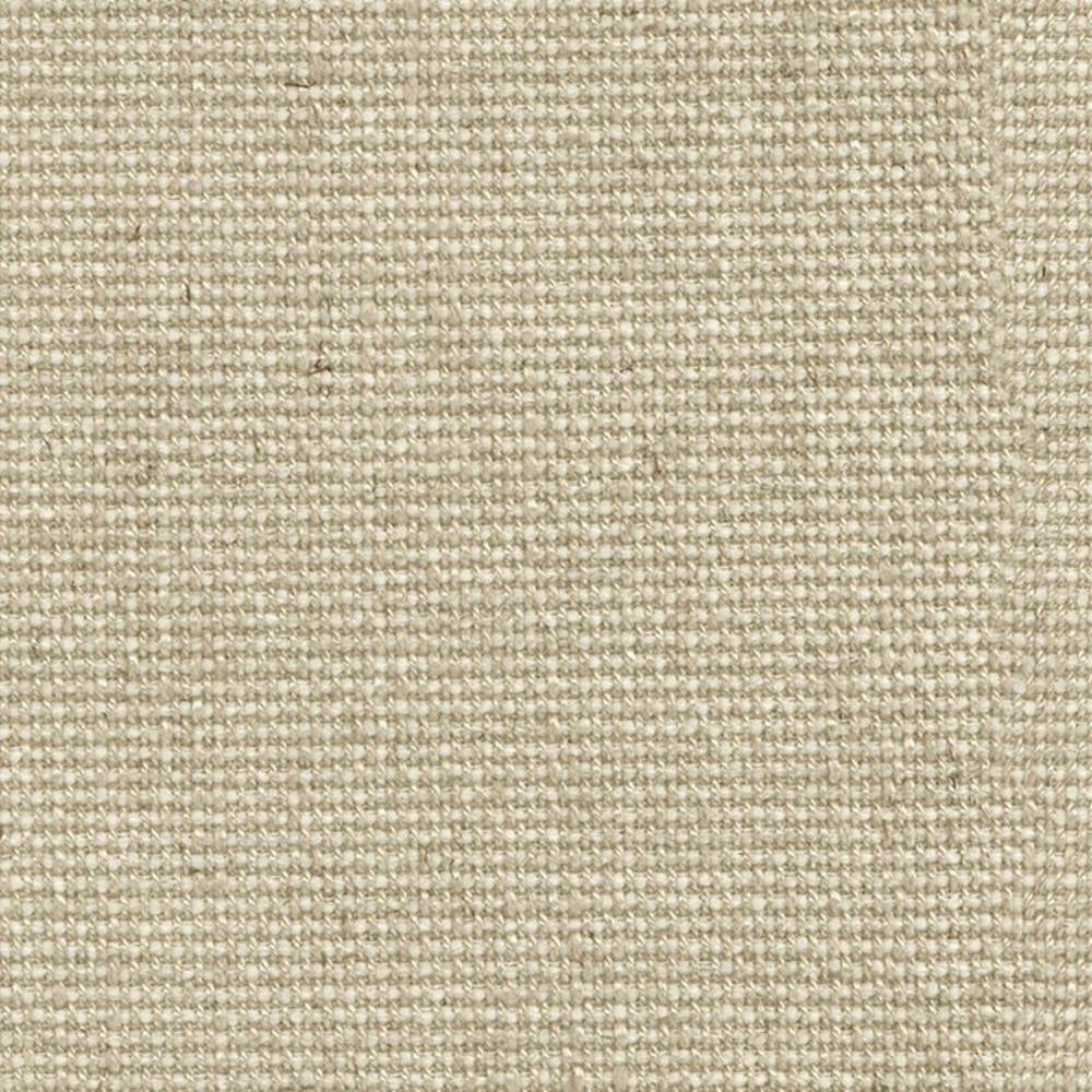 Close-up of a neutral beige woven upholstery fabric swatch showing tight basket-weave texture and subtle slub variations; composed of viscose, linen, acrylic and polyester.