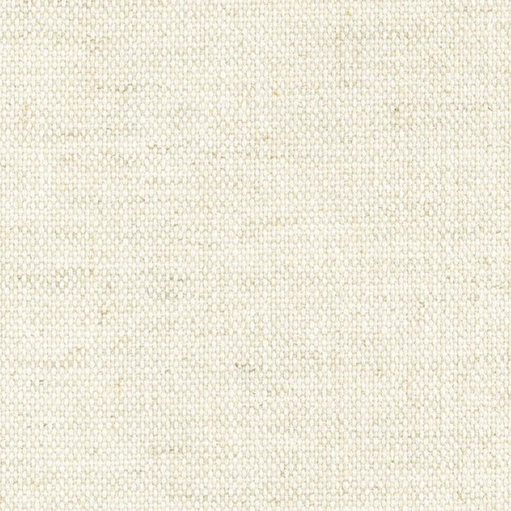 Close-up of cream linen-blend upholstery fabric (27% linen, 34% viscose, 9% acrylic, 30% polyester) showing a tight woven texture with subtle neutral flecks, suited for contemporary sofas and office seating.