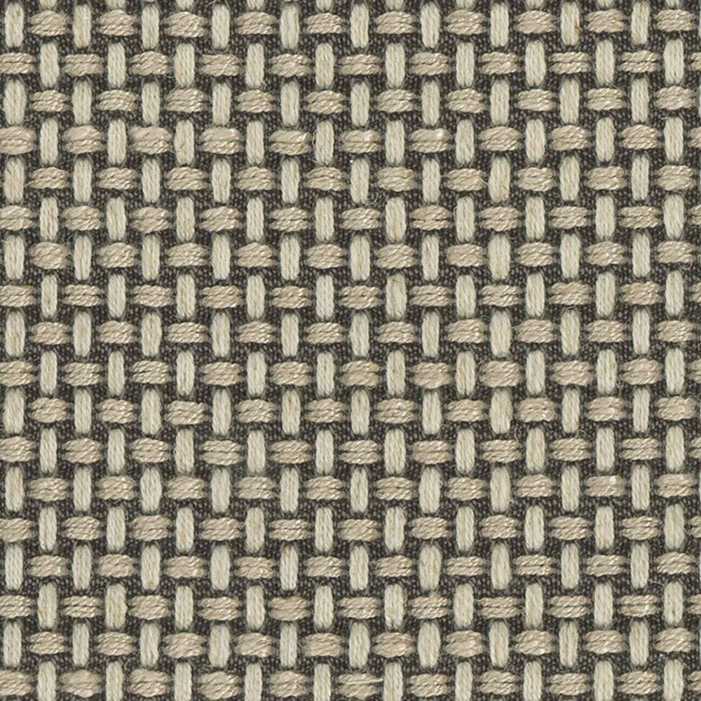 Close-up of neutral linen-viscose upholstery fabric (30% linen, 65% viscose, 5% polyester) showing a basketweave texture of cream and taupe yarns on a dark gray ground, suited for contemporary sofa upholstery.