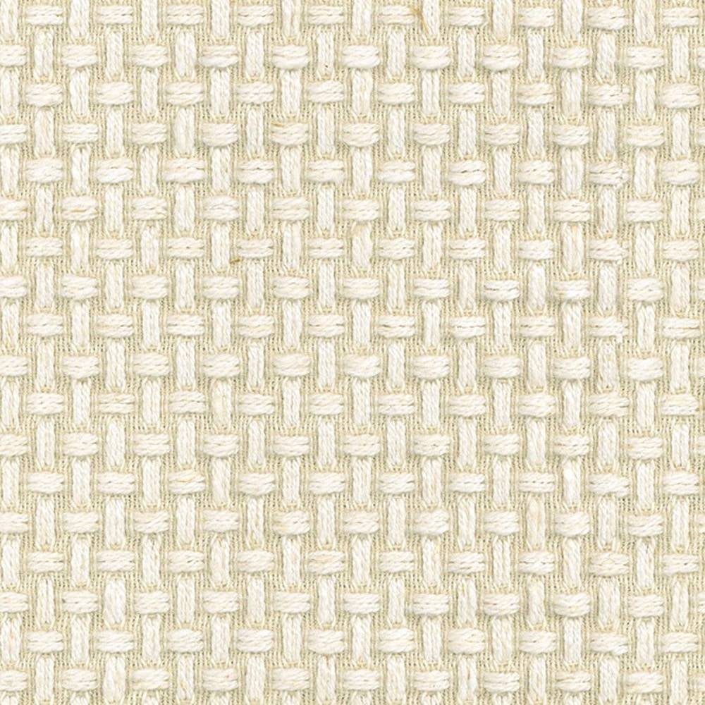 Close-up of cream basketweave upholstery fabric showing textured woven yarns; 30% linen, 65% viscose, 5% polyester blend suitable for contemporary sofas.