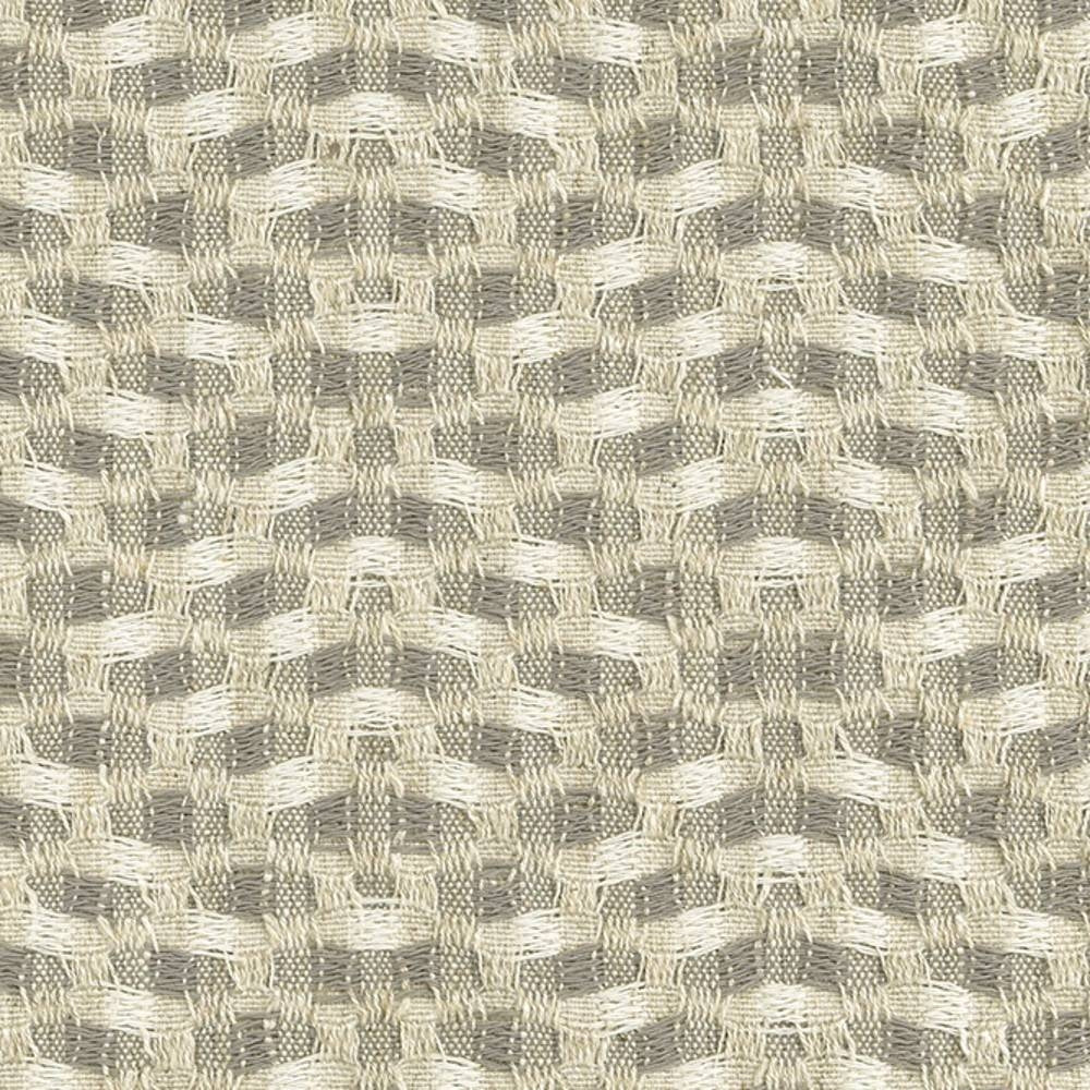 Close-up of a neutral beige and light-gray textured woven upholstery fabric showing a small-scale basket-wave pattern and slub yarns; 10.5% linen, 24.5% rayon and 65% polyester blend.