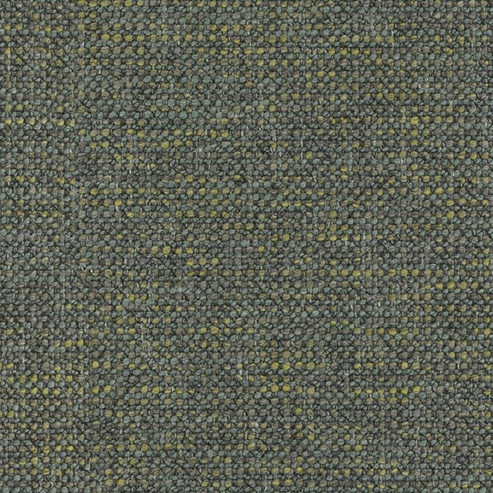 Close-up of textured boucle upholstery fabric in muted olive and beige tones showing tight woven loops and subtle yellow flecks; wool, linen, acrylic and polyester blend for modern sofas.