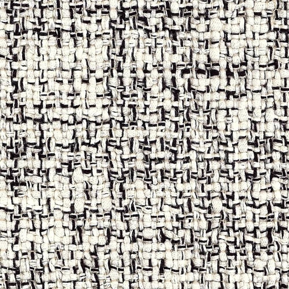 Close-up of a textured cream-beige woven upholstery fabric showing a chunky basket weave with black accent threads; 14.8% linen, 34.5% rayon, 28.6% cotton and 22.1% polyester blend, ideal for contemporary sofa upholstery.
