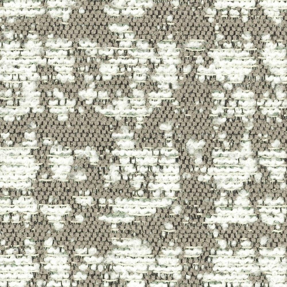 Close-up of neutral beige woven upholstery fabric with raised white boucle-like yarns creating a subtle abstract pattern; textured contemporary sofa fabric made from viscose, acrylic and polyester.