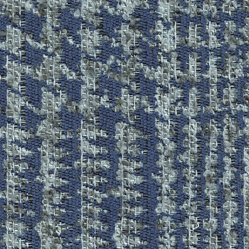 Close-up of blue-gray woven upholstery fabric sample showing textured looped yarns and an irregular grid pattern; 29% viscose, 11% acrylic, 60% polyester, contemporary durable sofa fabric.