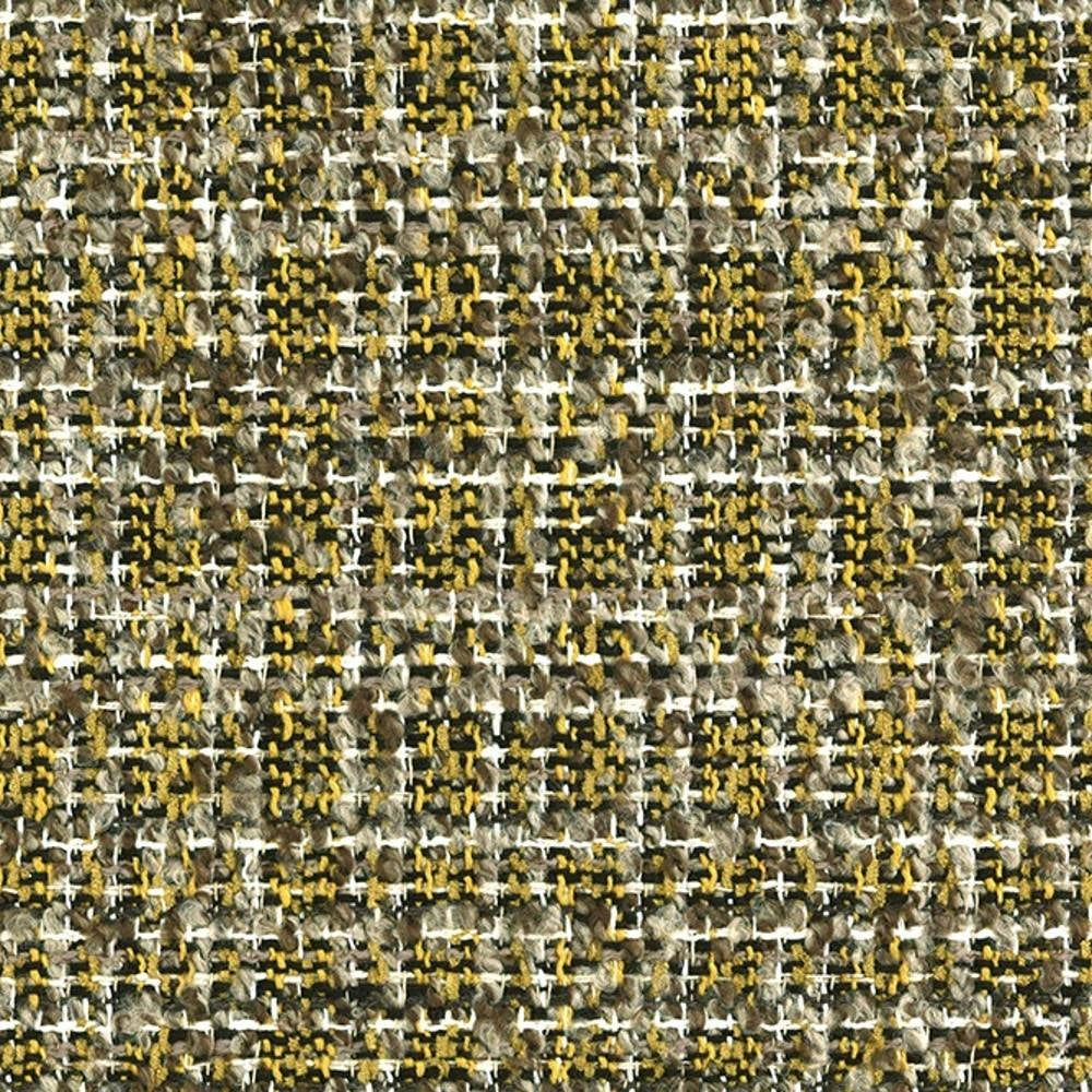 Close-up of boucle upholstery fabric showing a woven tweed pattern in mustard yellow, brown and cream with white warp threads and looped textured fibers, ideal for contemporary sofa upholstery.