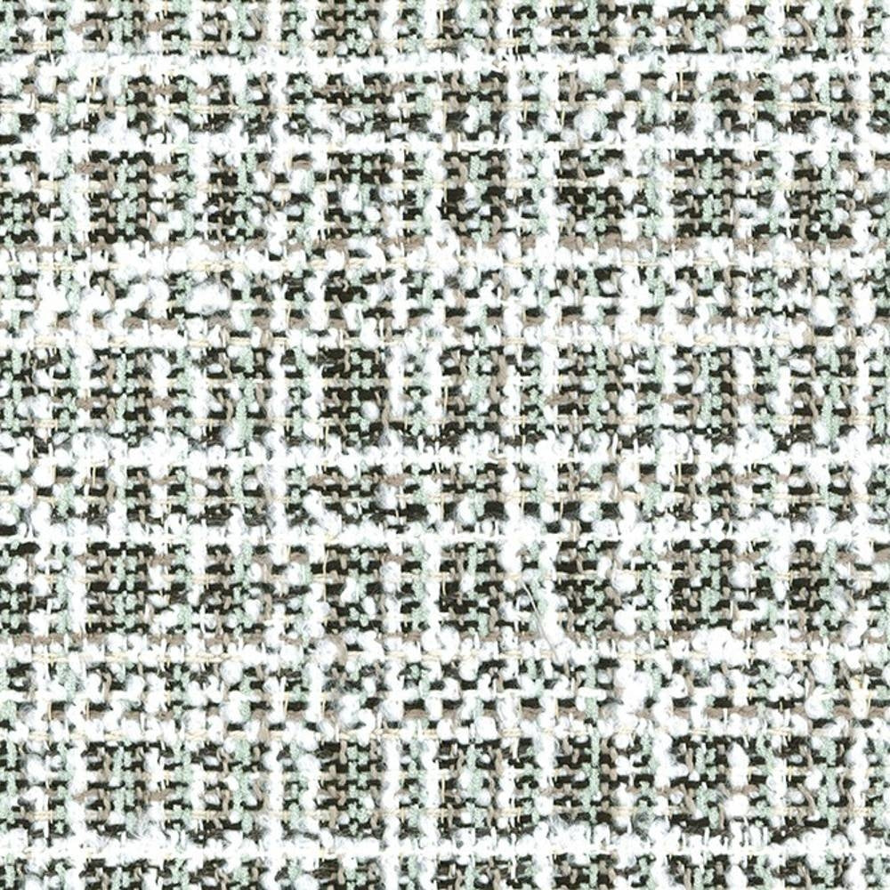 Close-up of neutral boucle upholstery fabric showing white, beige and pale green looped threads in a textured woven pattern; 14% acrylic, 12% viscose, 74% polyester sofa fabric.