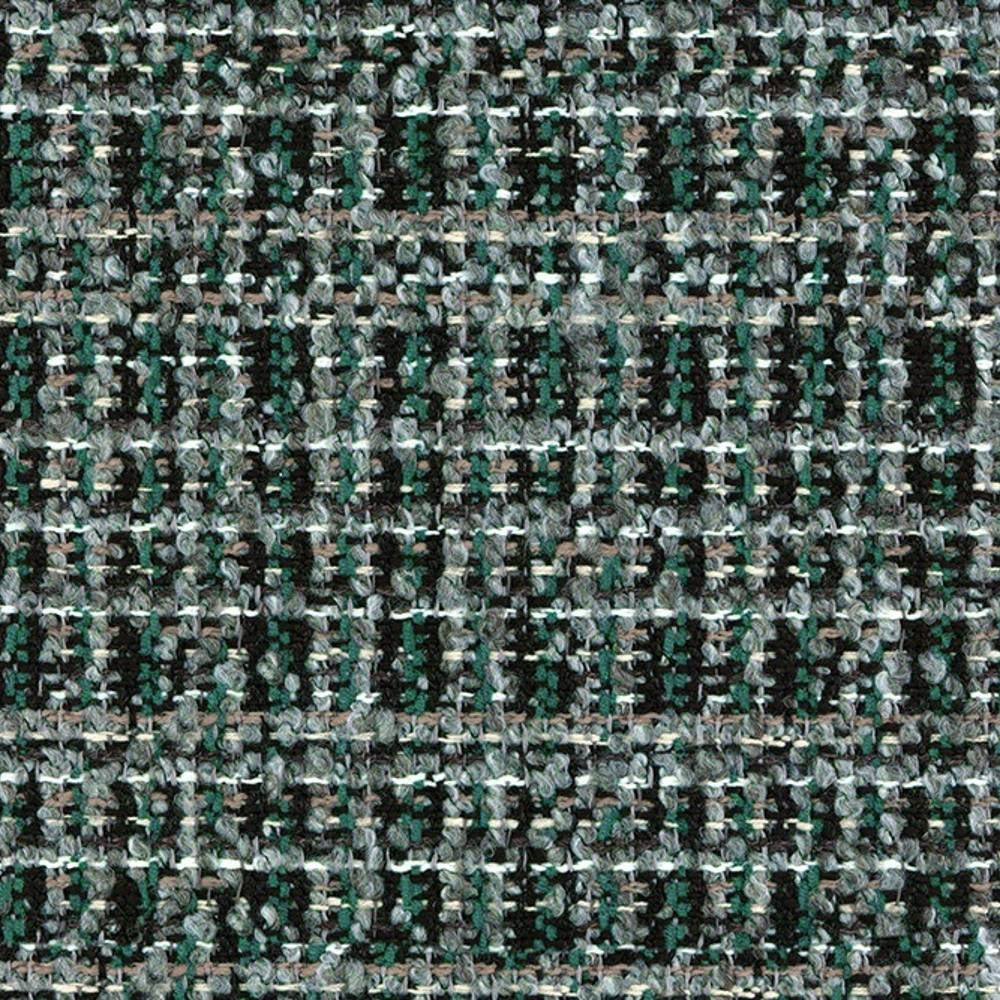 Close-up of green and gray boucle upholstery fabric showing a textured woven check pattern with flecks of black, white and tan; 14% acrylic, 12% viscose, 74% polyester for contemporary sofas.