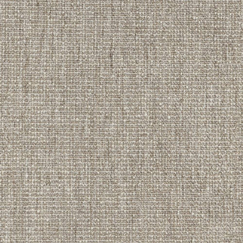 Close-up of a beige woven upholstery fabric swatch for sofas, showing a tight textured weave with subtle slub and neutral tone; 10% linen, 15% rayon, 8% wool, 30% acrylic, 37% polyester.