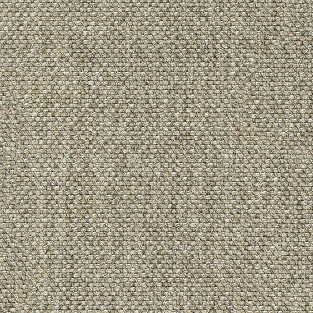 Close-up of a beige cream woven upholstery fabric sample for sofas, showing a textured basketweave in a 6% linen, 35% rayon, 20% acrylic and 39% polyester blend.